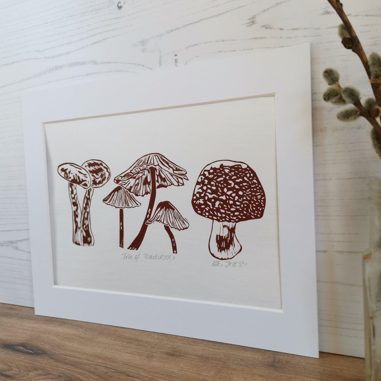 Trio of Toadstools art print - hand printed linocut autumn print wall decor