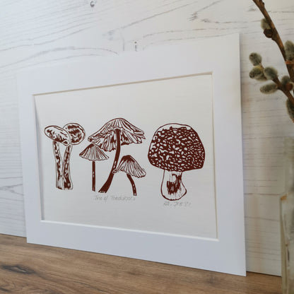 Trio of Toadstools art print - hand printed linocut autumn print wall decor