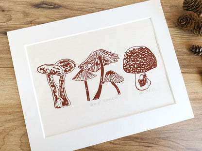 Trio of Toadstools art print - hand printed linocut autumn print wall decor