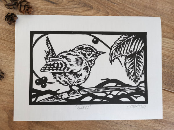 Wren hand printed linocut garden bird art print