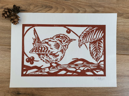 Wren hand printed linocut garden bird art print