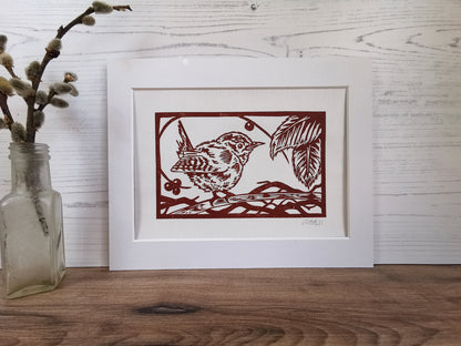 Wren hand printed linocut garden bird art print