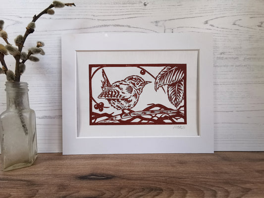 Wren hand printed linocut garden bird art print