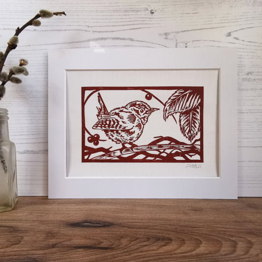 Wren hand printed linocut garden bird art print