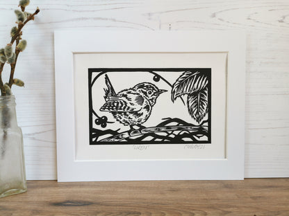 Wren hand printed linocut garden bird art print