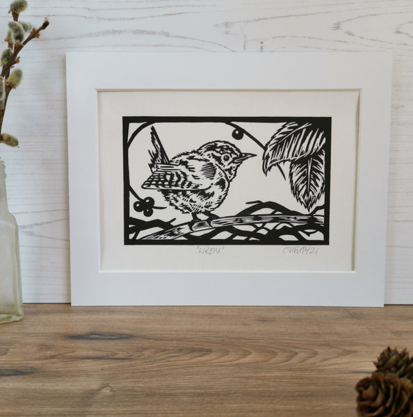 Wren hand printed linocut garden bird art print