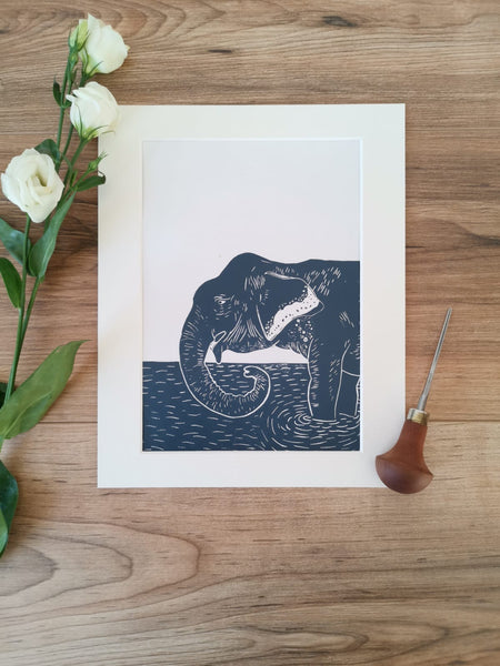 Asian elephant hand printed linocut wildlife art print