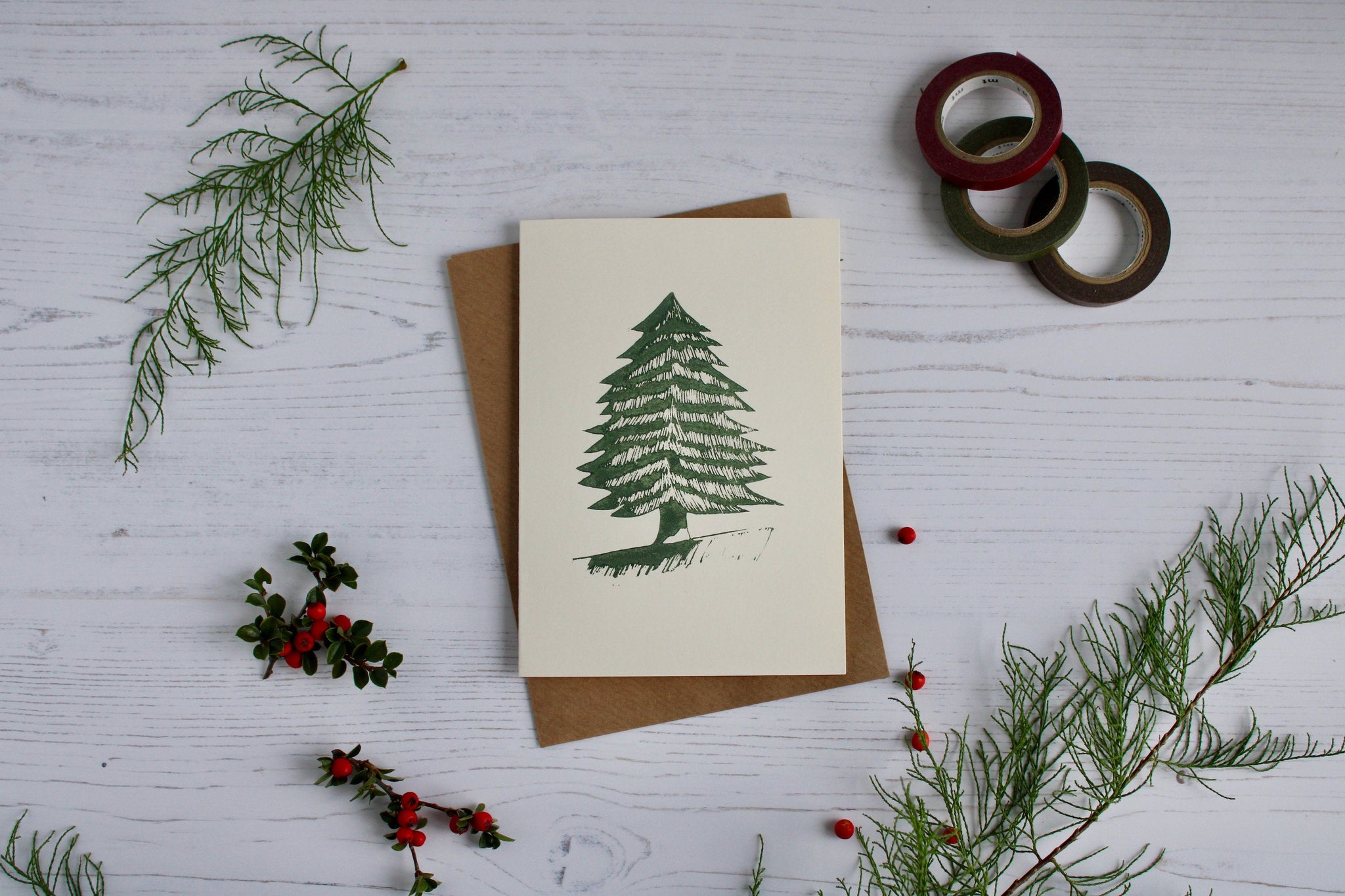 Hand printed Pine forest tree, Christmas tree card