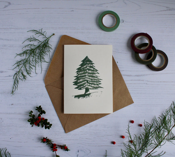 Hand printed Pine forest tree, Christmas tree card