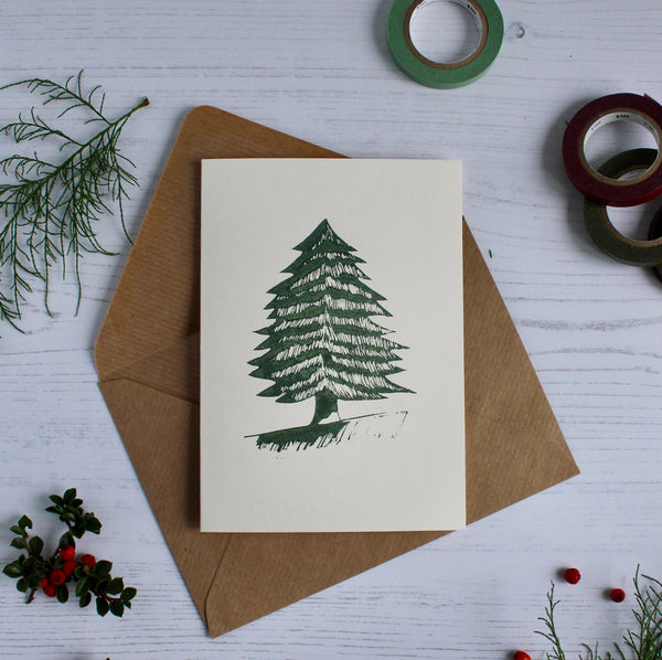 Hand printed Pine forest tree, Christmas tree card