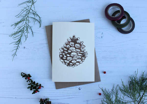 Pinecone Linocut Christmas Greeting card
