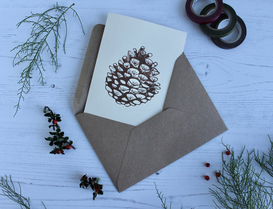 Pinecone Linocut Christmas Greeting card