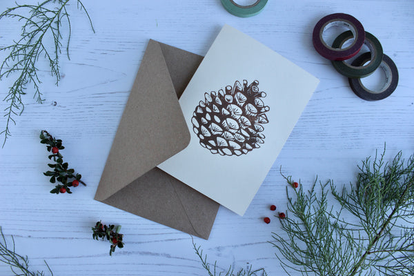 Hand printed Pine cone Christmas Card