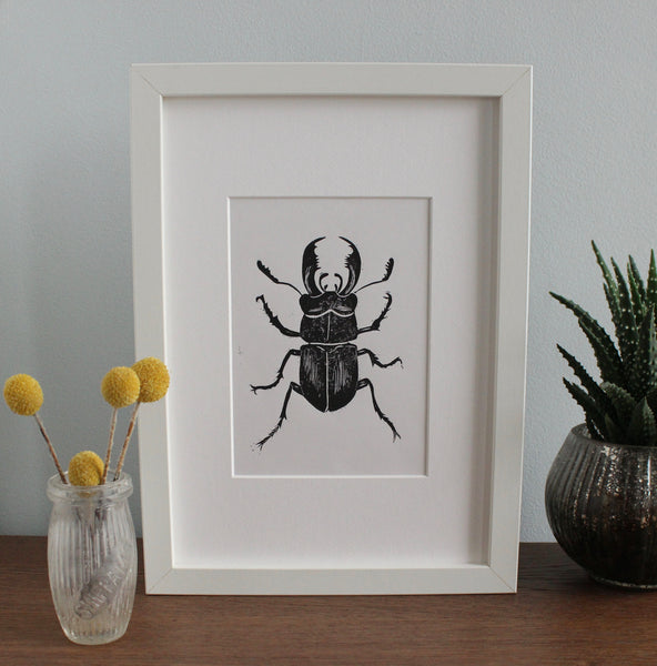 Stag Beetle Lino hand printed insect linocut print