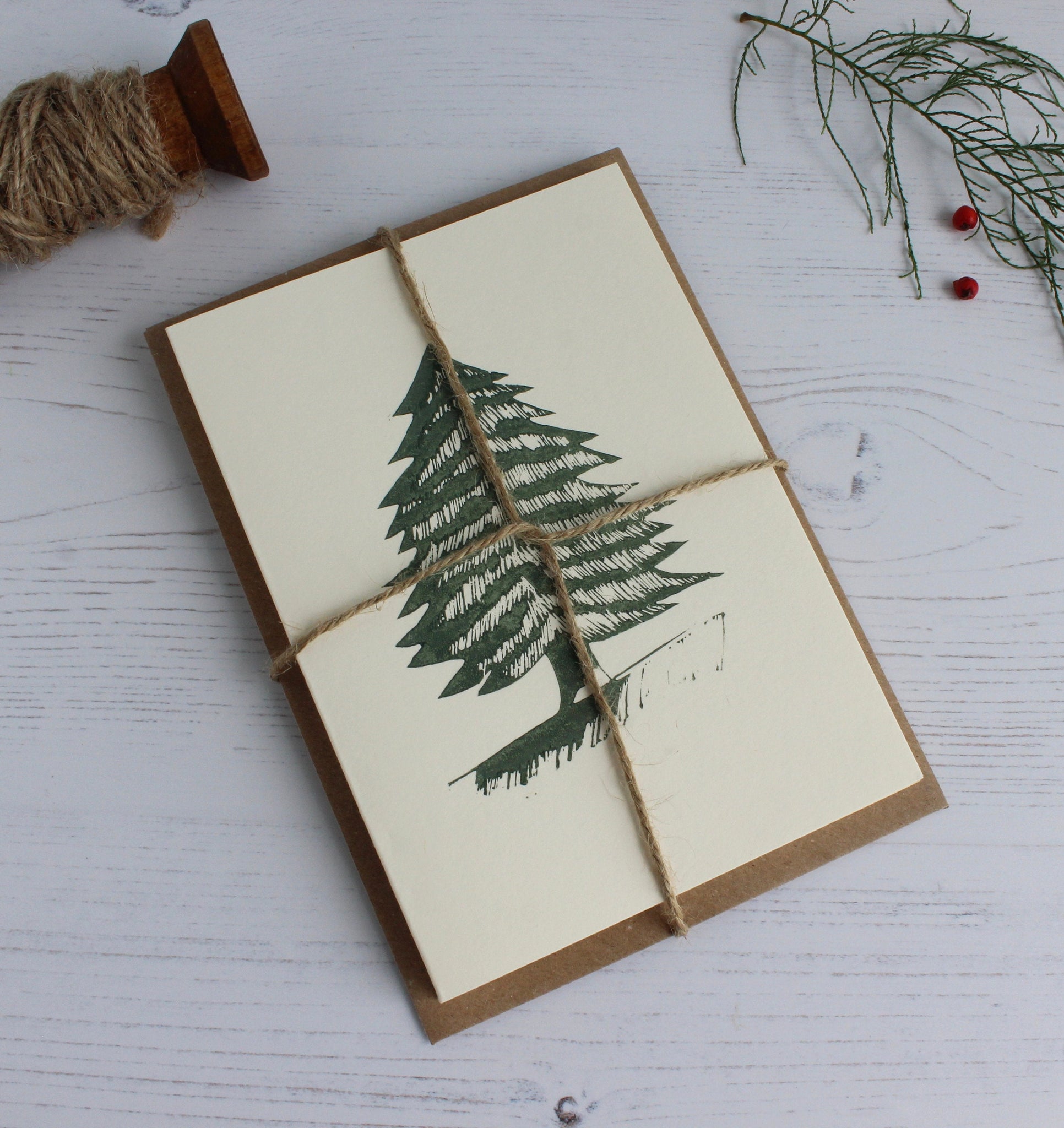 Hand printed Pine forest tree, Christmas tree card