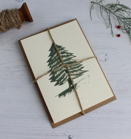 Hand printed Pine forest tree, Christmas tree card