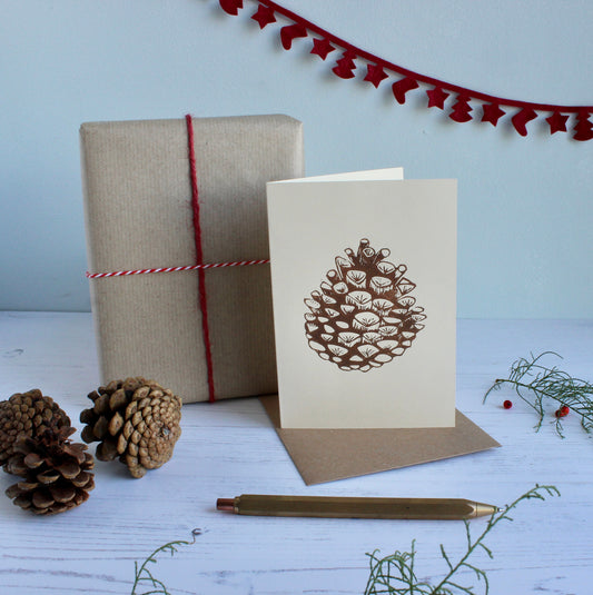 Hand printed Pine cone Christmas Card
