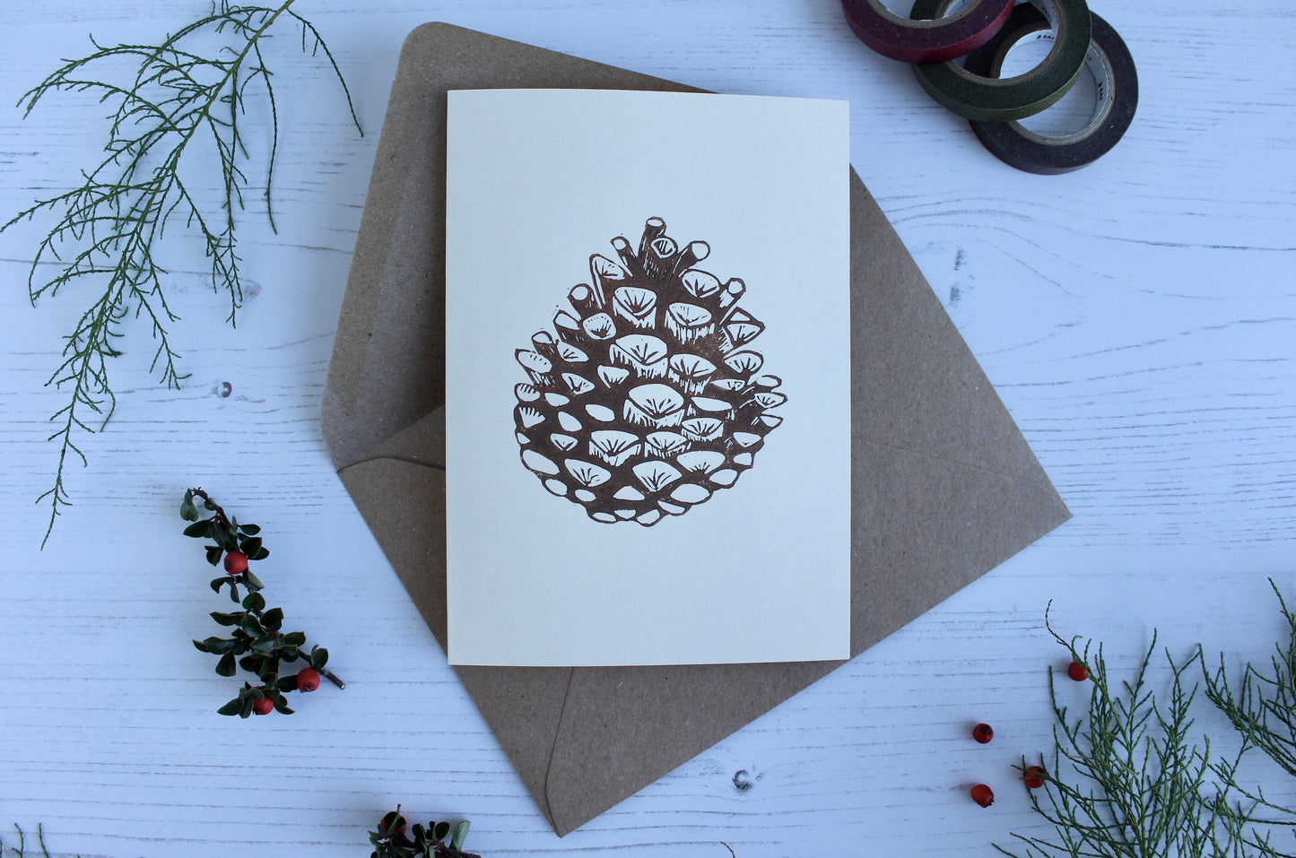 Hand printed Pine cone Christmas Card