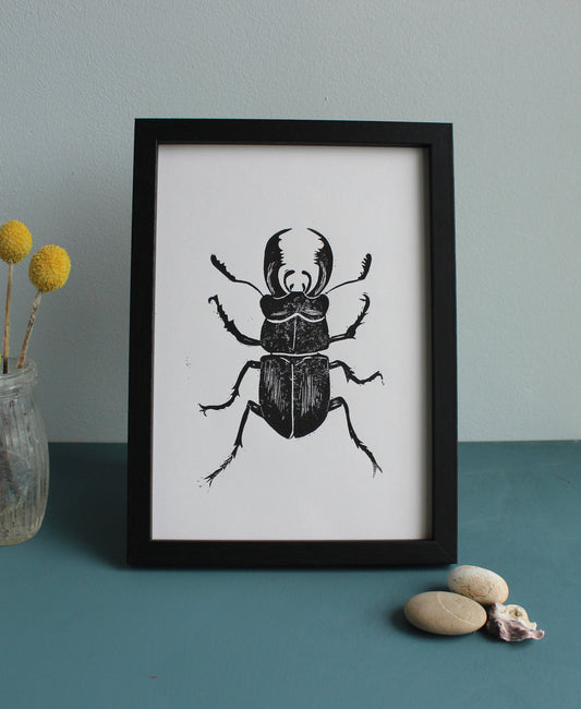 Stag Beetle Lino hand printed insect linocut print