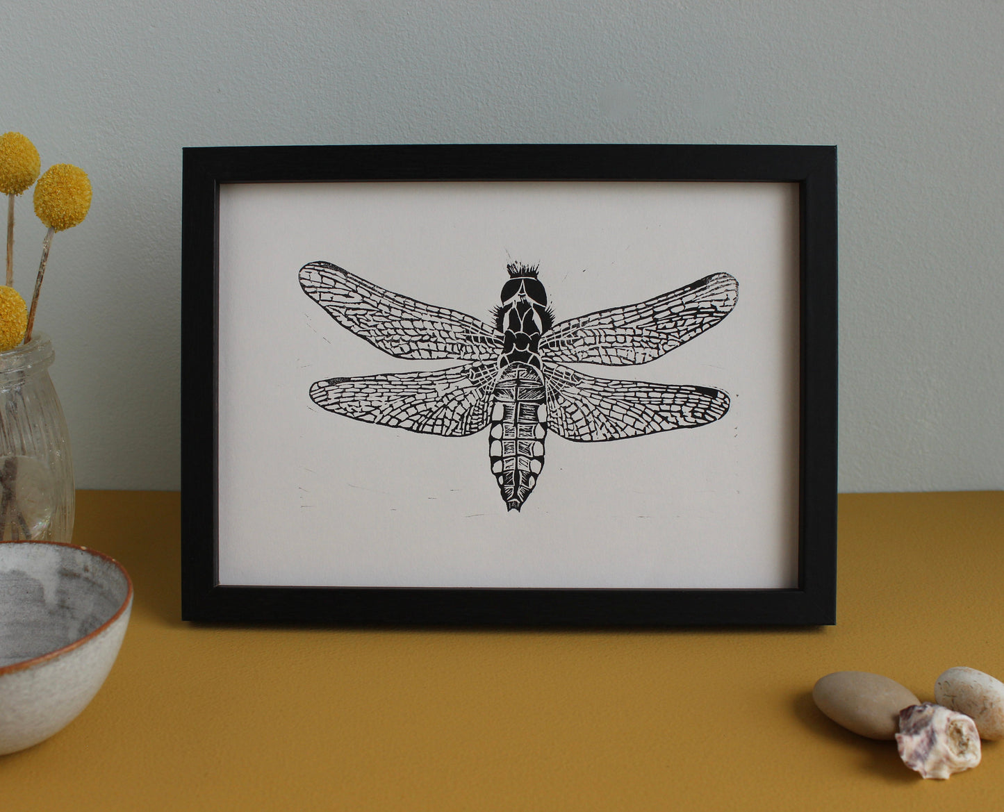 Female Broad Bodied Chaser Dragonfly original Linocut insect print