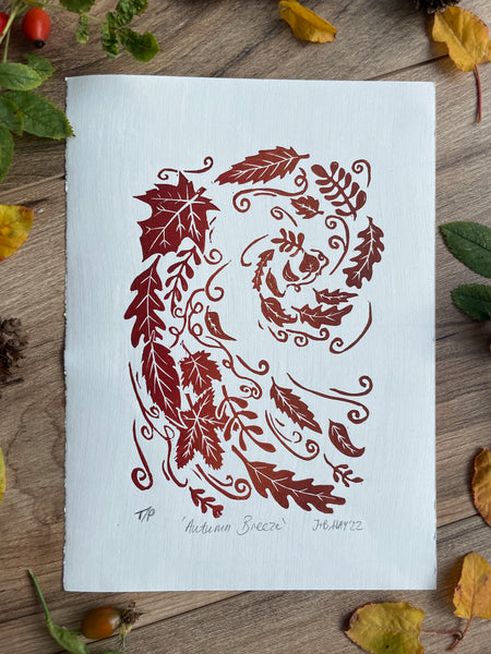Autumn Breeze hand printed linocut nature art print