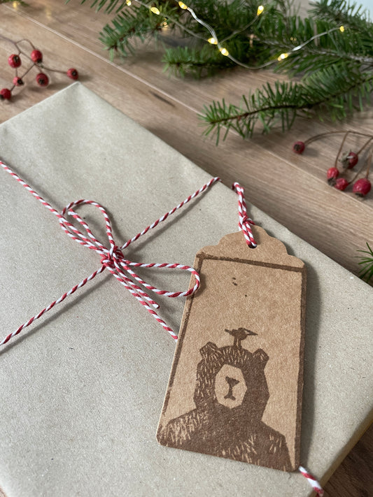 Christmas Bear and Bird Gift Tags handprinted pack of 6