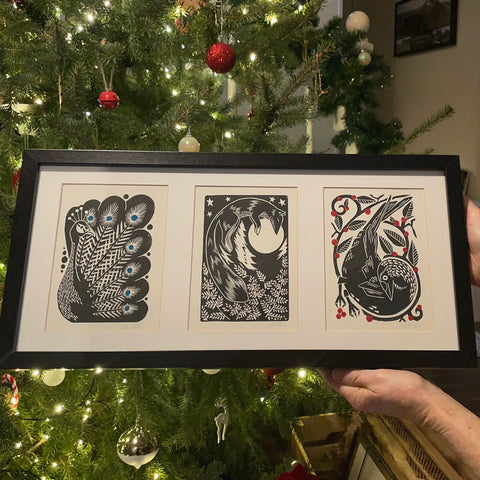 Framed triptych of Folksy style hand printed linocut nature art prints