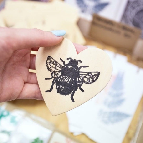 handprinted bumblebee heart magnet - photo credit Made in Ashford