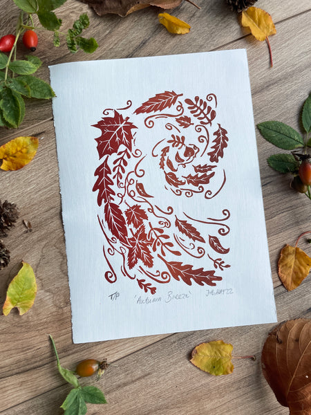 Autumn Breeze hand printed linocut nature art print