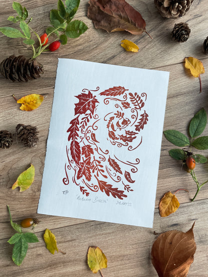 Autumn Breeze hand printed linocut nature art print