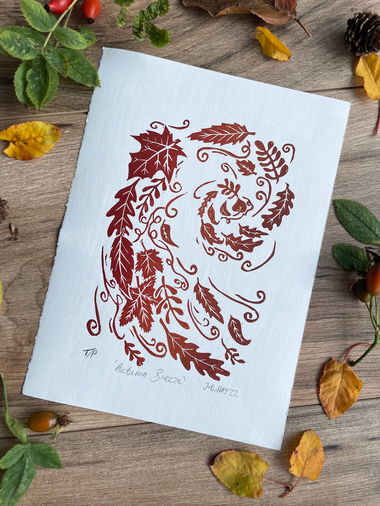 Autumn Breeze hand printed linocut nature art print