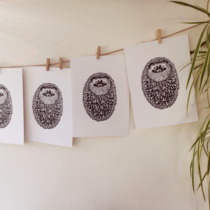 Hedgehog (ball) original mammal Linocut print