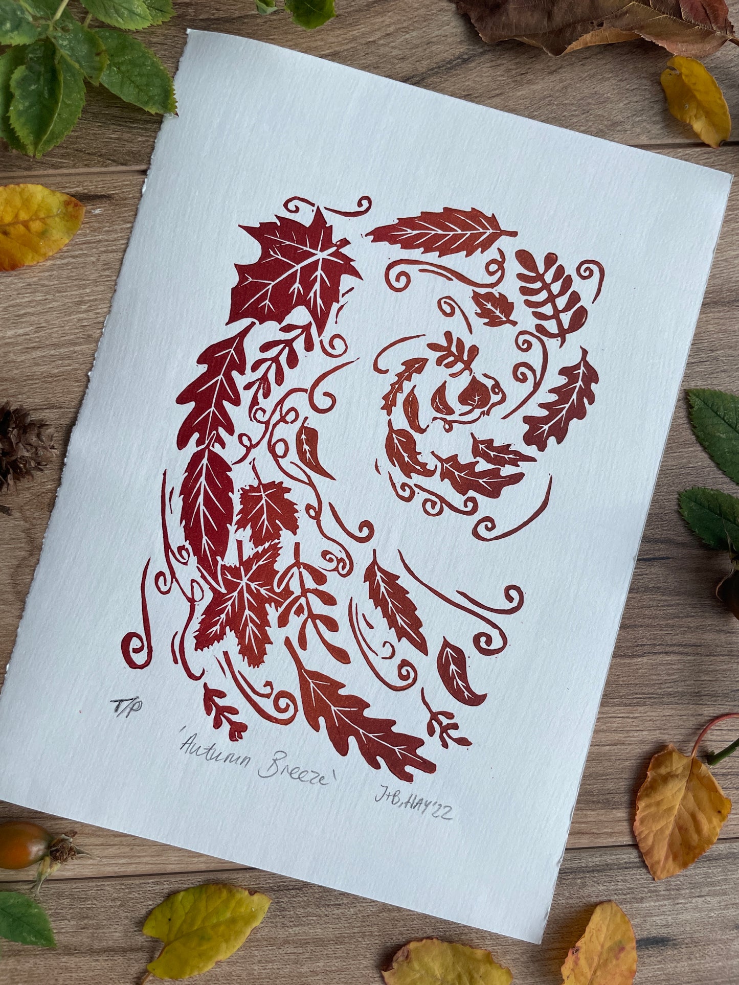 Autumn Breeze hand printed linocut nature art print