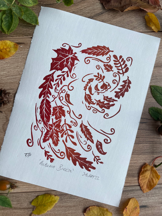 Autumn Breeze hand printed linocut nature art print