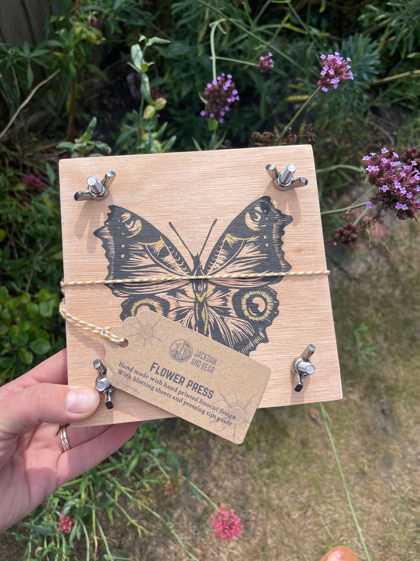 Small Wooden Flower Press - with hand printed lino cut design