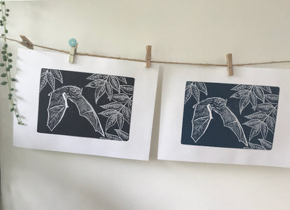 Pipistrelle Bat hand printed linocut nature art print