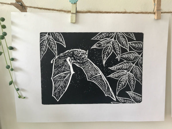 Pipistrelle Bat hand printed linocut nature art print